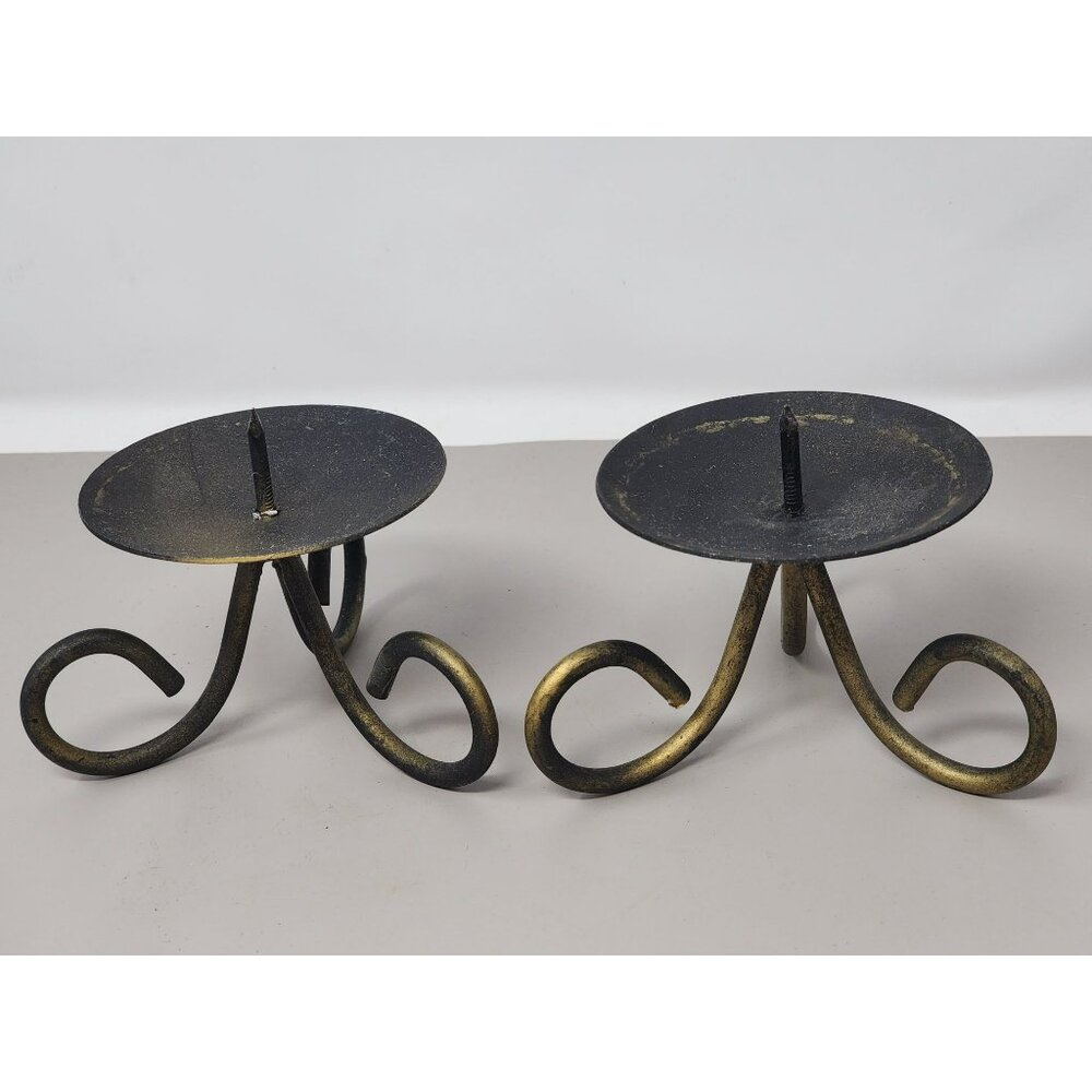 Set Of 2 Vintage Pillar Candle‎ Holders Metal Tripod Black & Brown